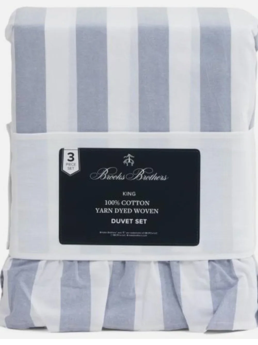 Brooks Brothers KING Size Cotton Duvet Set blue/white broad stripe ruffle edge